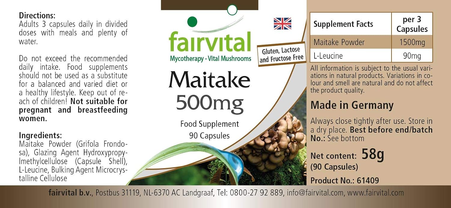 Detalle de Fairvital Maitake 500 mg, 90 Kapseln – Hochdosiert, vegan, schluckfreundlich