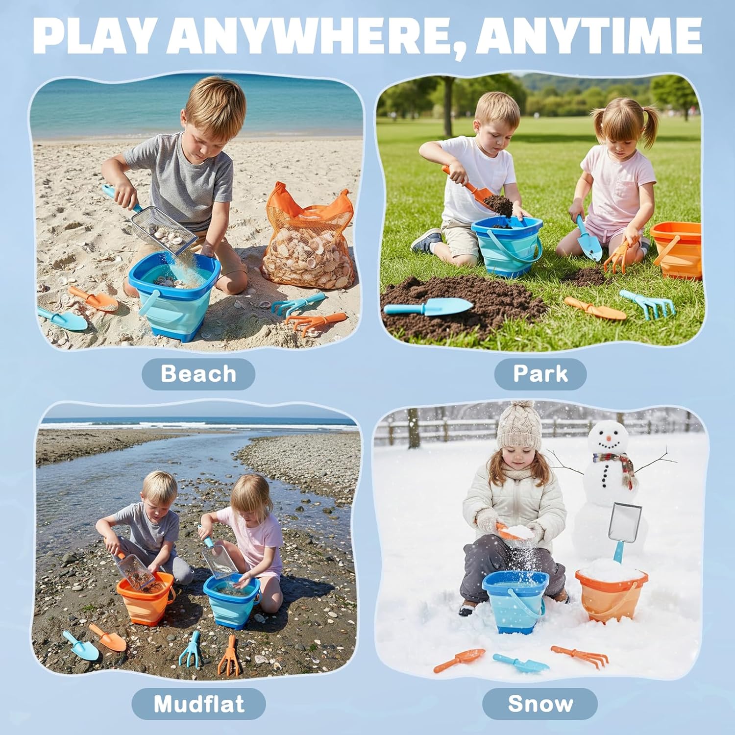 Thumbnail 5 de Dreamon Beach Sand Toys 2-Set: collapsible buckets, sifters, shovel & rake with seashell bag (kids 3–5)