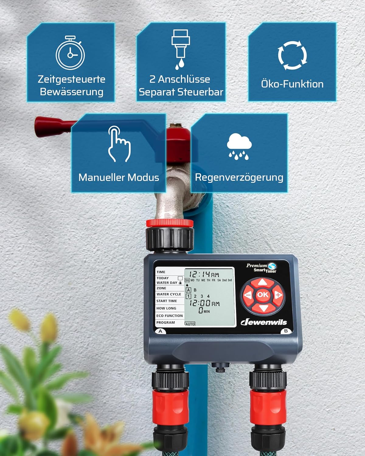 Detalle de DEWENWILS Centralina irrigazione: timer con 2 uscite indipendenti, ritardo pioggia ed ECO per giardini