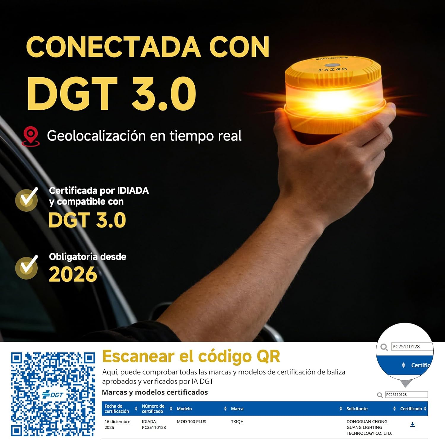 Thumbnail 1 de Baliza V16 homologada DGT XILANHUA MOD100 PLUS LED con geolocalización y conexión DGT 3.0