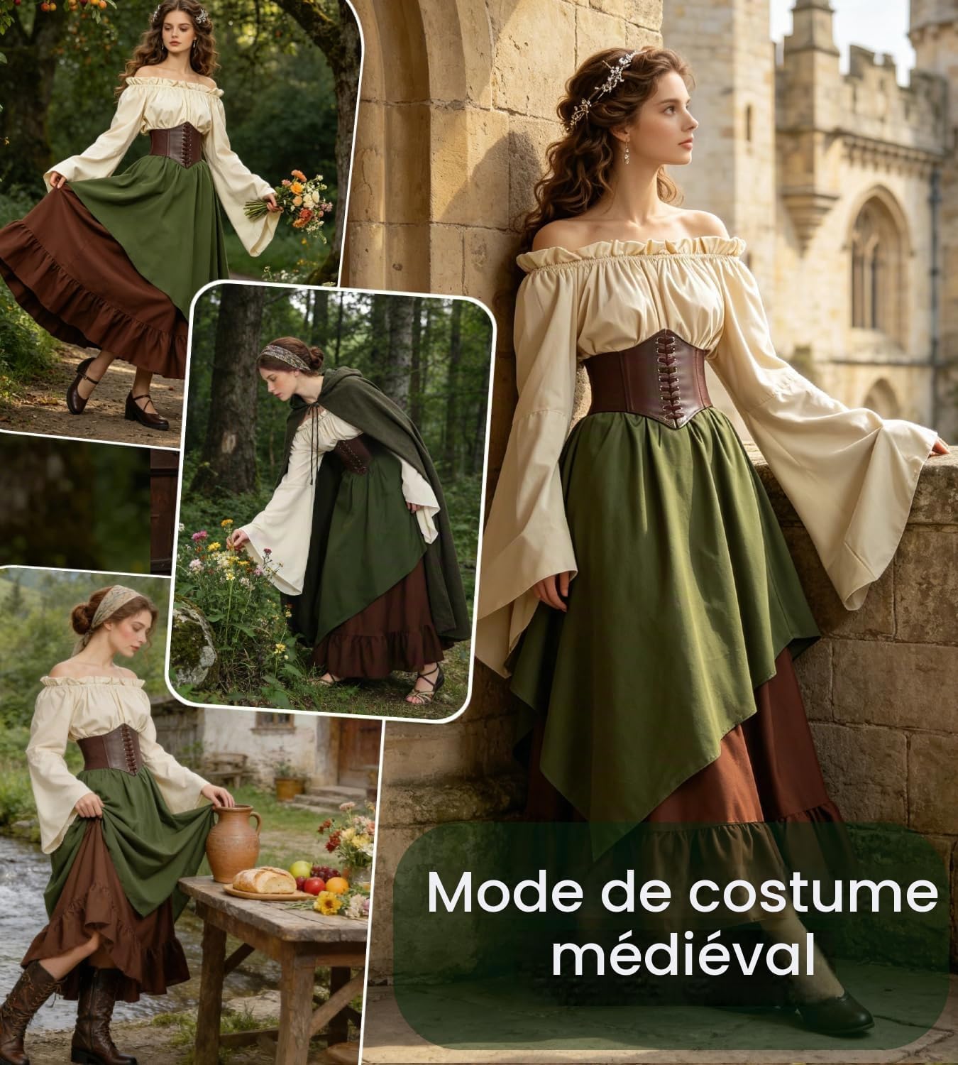 Detalle 2 de Kasahara middeleeuws dameskostuum met offshoulderjurk, corset en riemtas