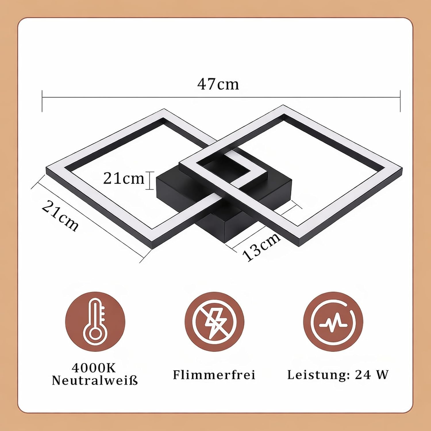 Detalle de Homefire LED-Decktleuchte für Küche & Flur, 24 W, 4000K, schwarz – eckiges Designlicht