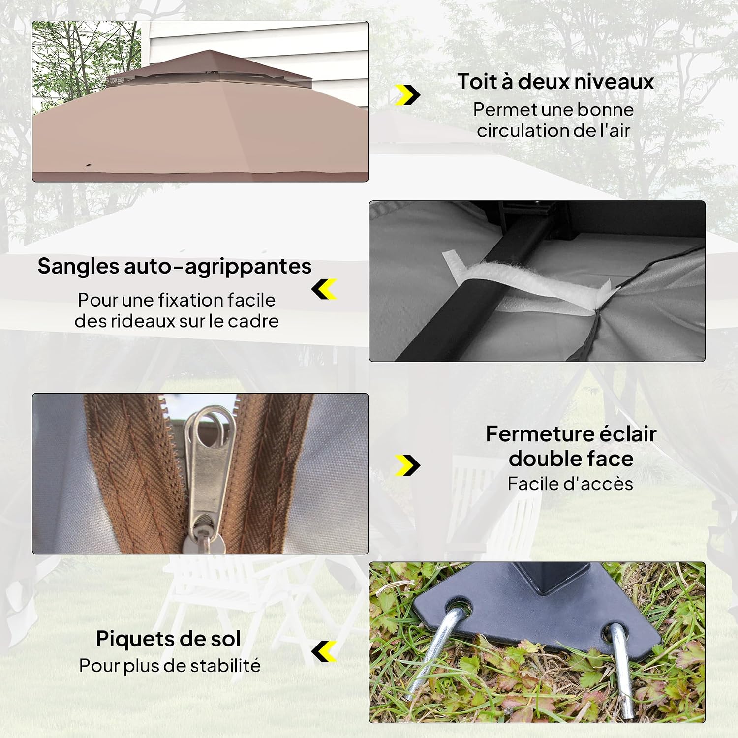 Detalle 2 de Outsunny Tonnelle de jardin pliante 3,6x3,6 m à double toit avec moustiquaires et sac de transport à roulettes