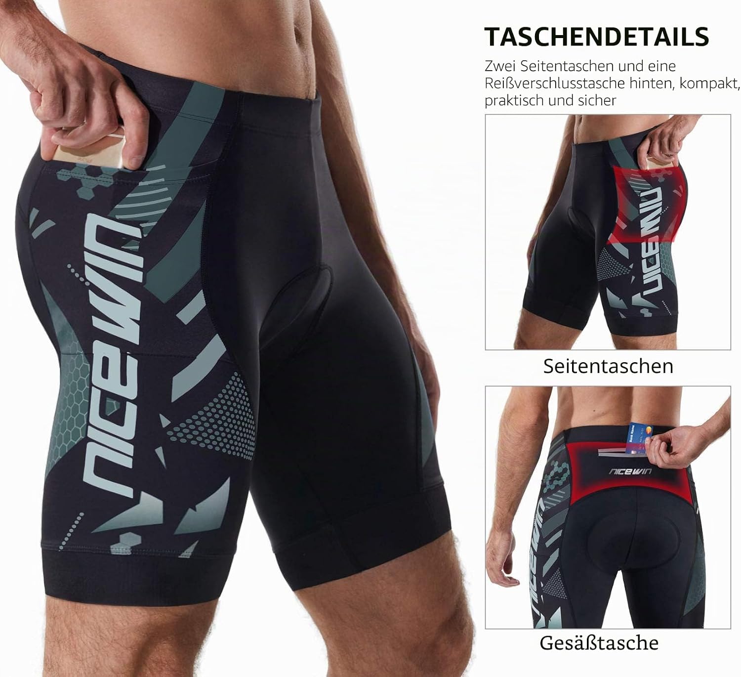 Detalle de NICEWIN gepolsterte Mountainbike-Shorts für Herren mit 6D-Polster, atmungsaktiv und Taschen