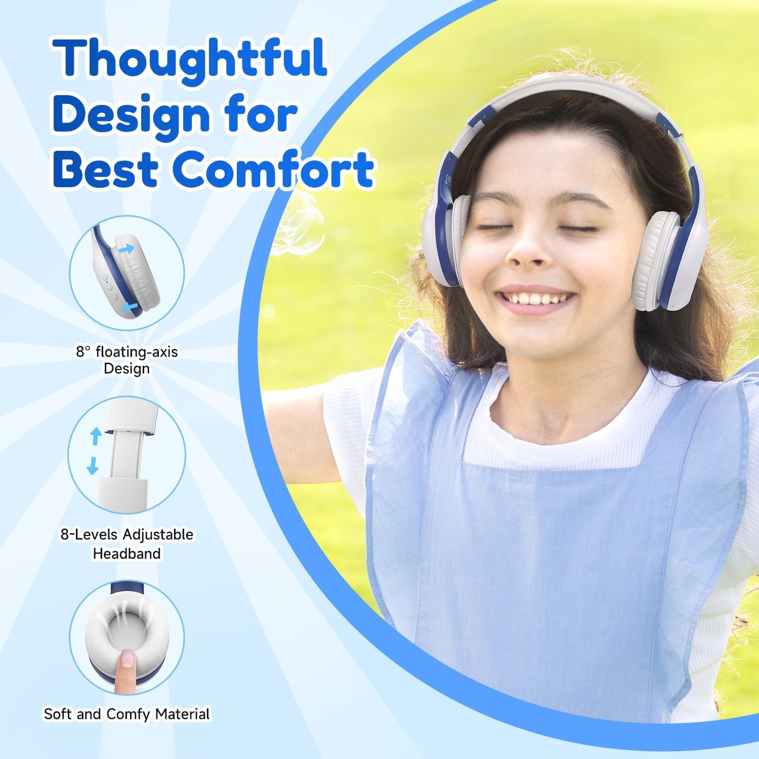 Detalle de EarFun Bluetooth-Kopfhörer für Kinder (85/94 dB) mit HD-Mikrofon, bis zu 40 Std. Akku und faltbarem Design – Weiß