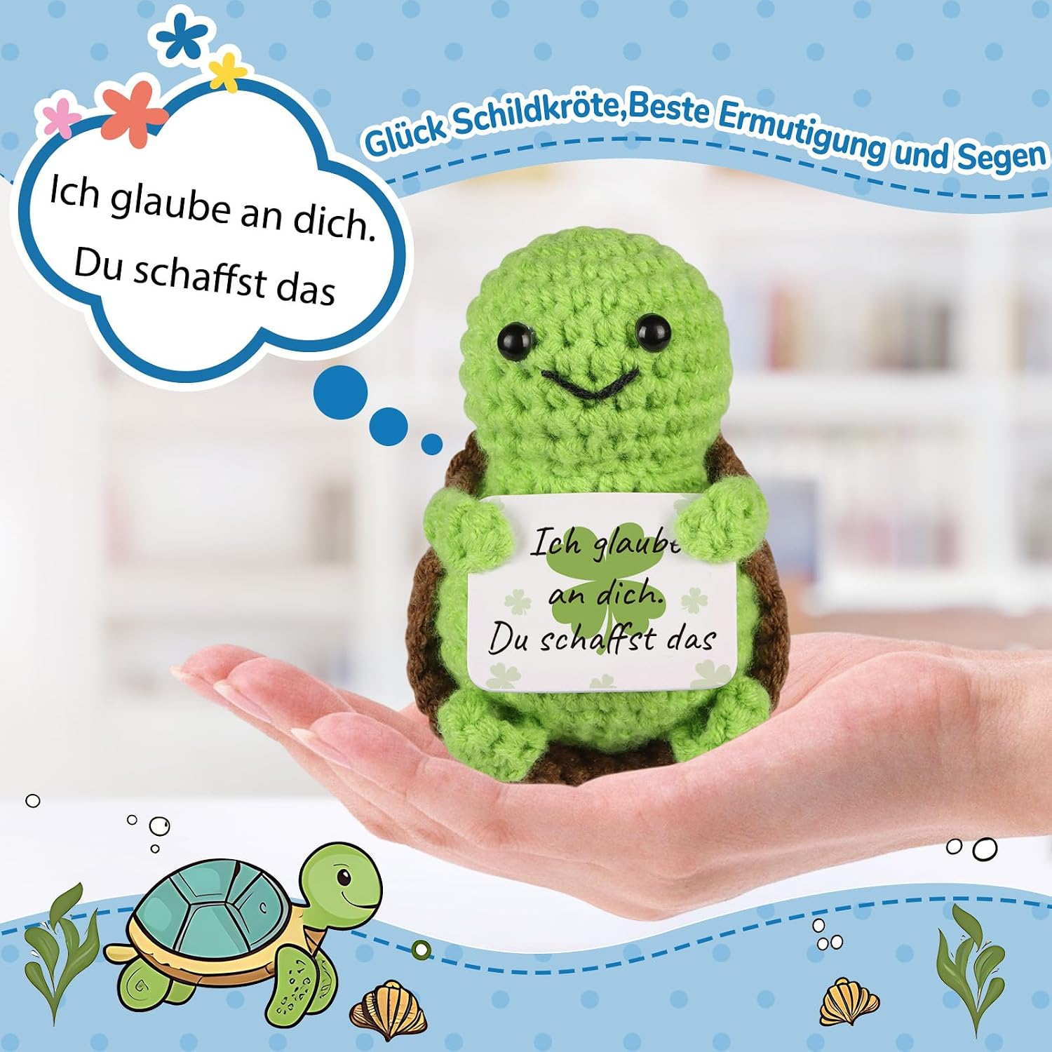 Detalle de WenmthG Positive Schildkröte Glücksbringer – Handgestrickte Mini-Schildkröte mit Botschaft