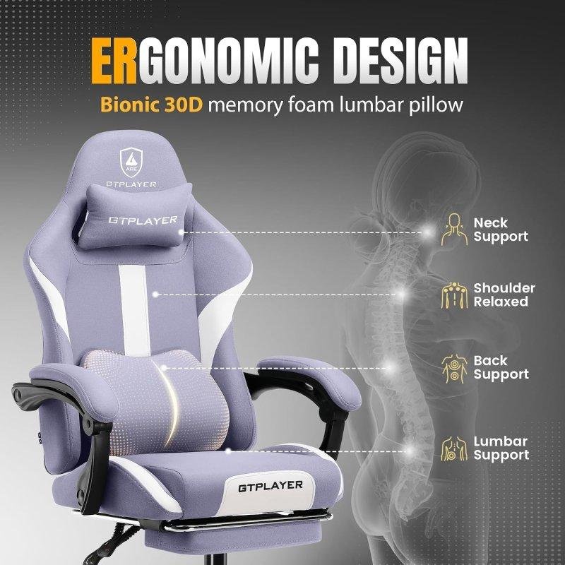Detalle de Silla Gaming Ergonómica GTPLAYER Púrpura con Reposapiés y Reposacabezas — soporte y confort para largas sesiones