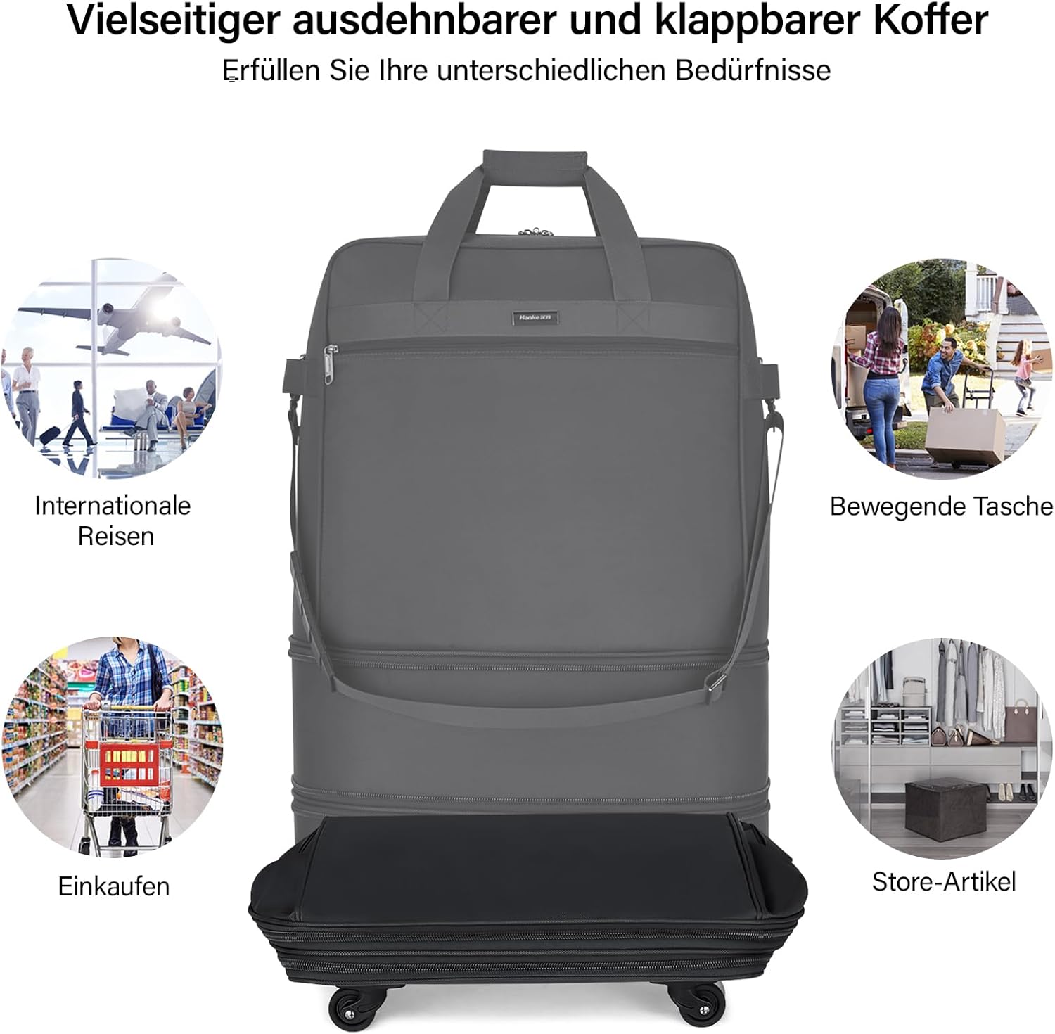 Thumbnail 6 de Hanke Faltbarer Reisekoffer mit Rollen – 90 Liter, kompakt falbar, Schwarz