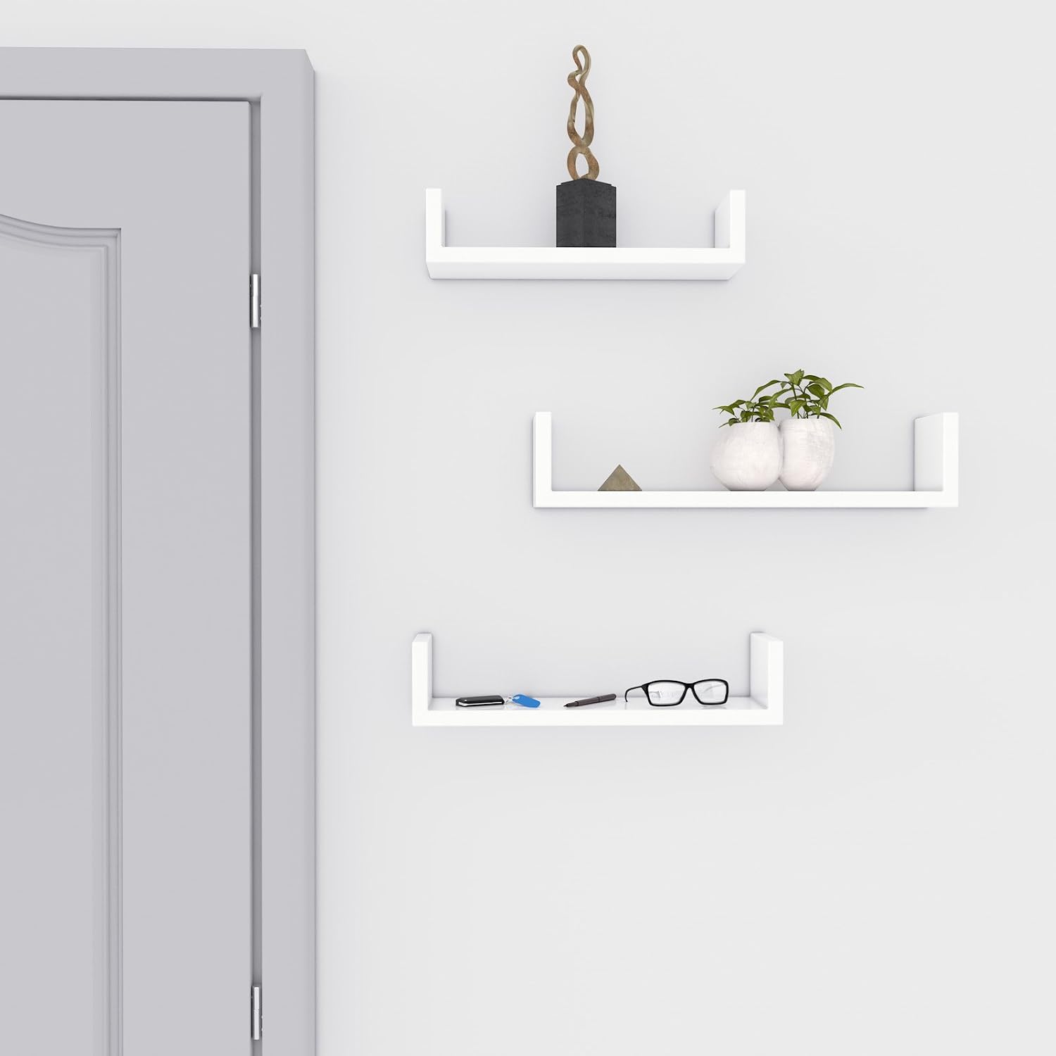 Detalle de SONGMICS LWS40WT Floating Wall Shelves, Set of 3, White Gloss Finish