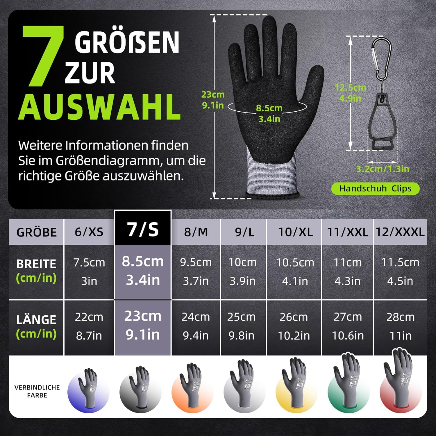 Detalle de 6 Paar Arbeitshandschuhe mit Grip – Nitrilbeschichtung, rutschfest, feinfühlig, Größe 7/S