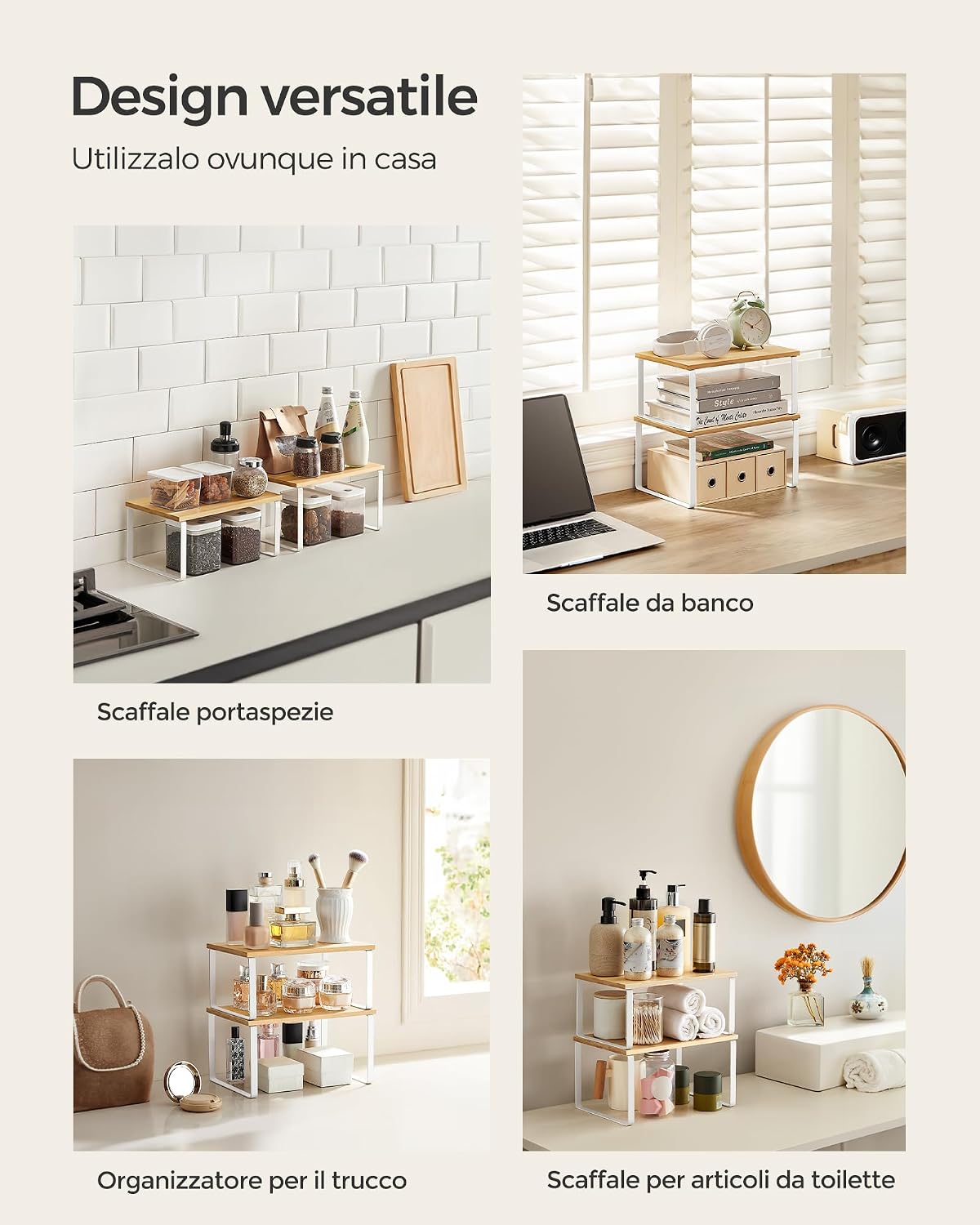 Detalle de SONGMICS Scaffale Portaspezie KCS02NW: set da 2 organizzatori da cucina espandibili in legno ingegnerizzato e metallo
