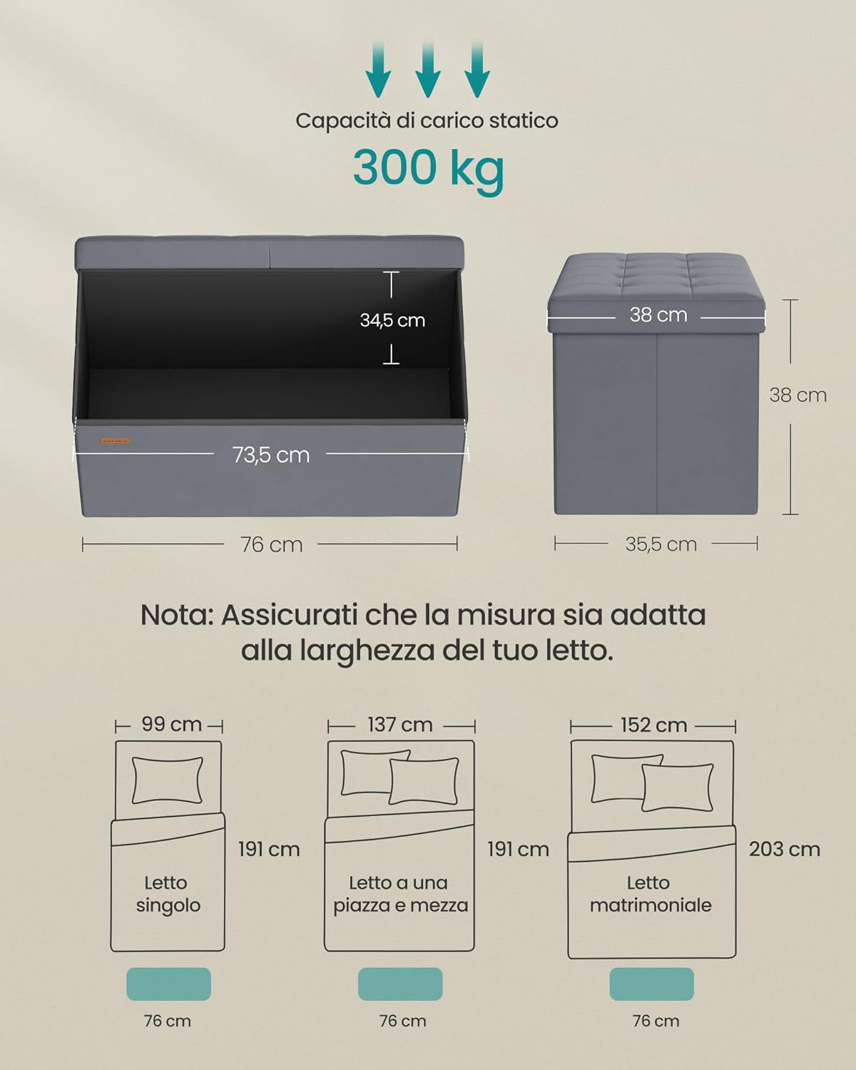 Detalle 2 de SONGMICS Pouf Cassapanca Pieghevole 131 L Grigio