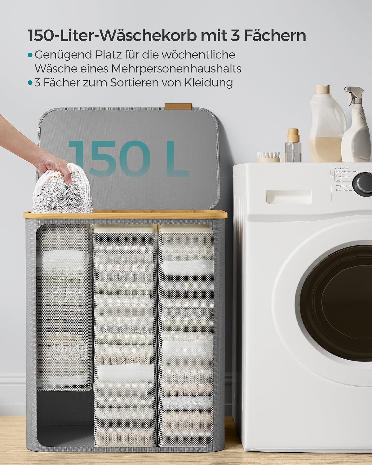 Detalle de SONGMICS Wäschekorb 3 Fächer mit Deckel 150 L
