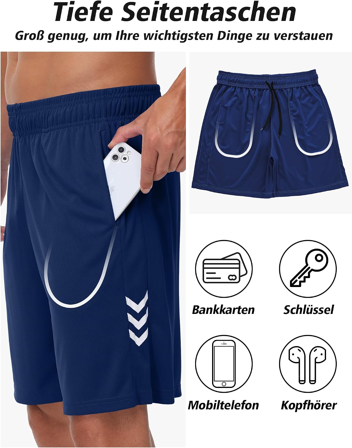 Detalle de Kuzwufs Herren Sporthose Kurze: Atmungsaktive Dry-Fit Laufshorts mit Reißverschlusstaschen