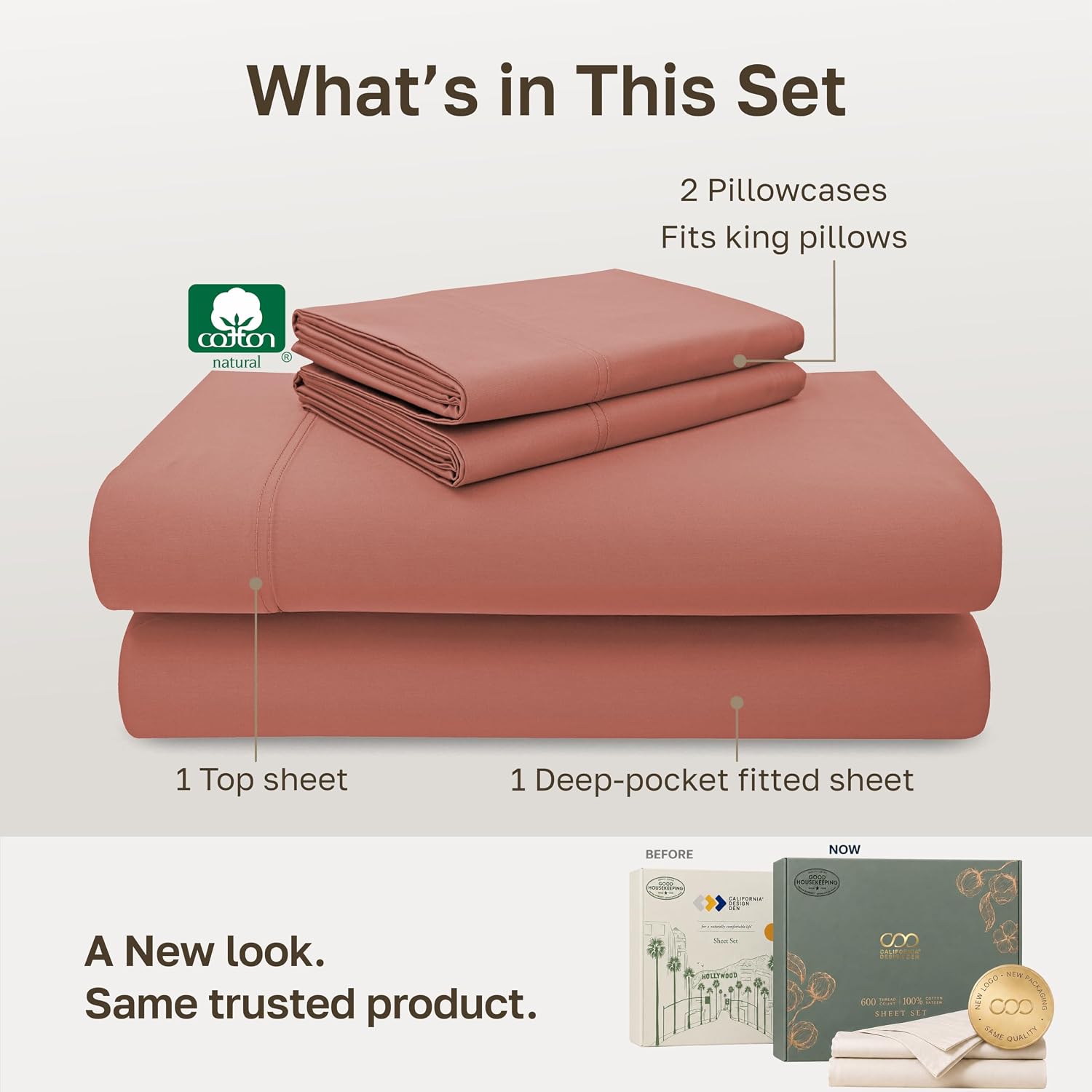 Detalle de California Design Den 840307115003 King Sheet Set, 600-Thread-Count Cotton Sateen, Terracotta