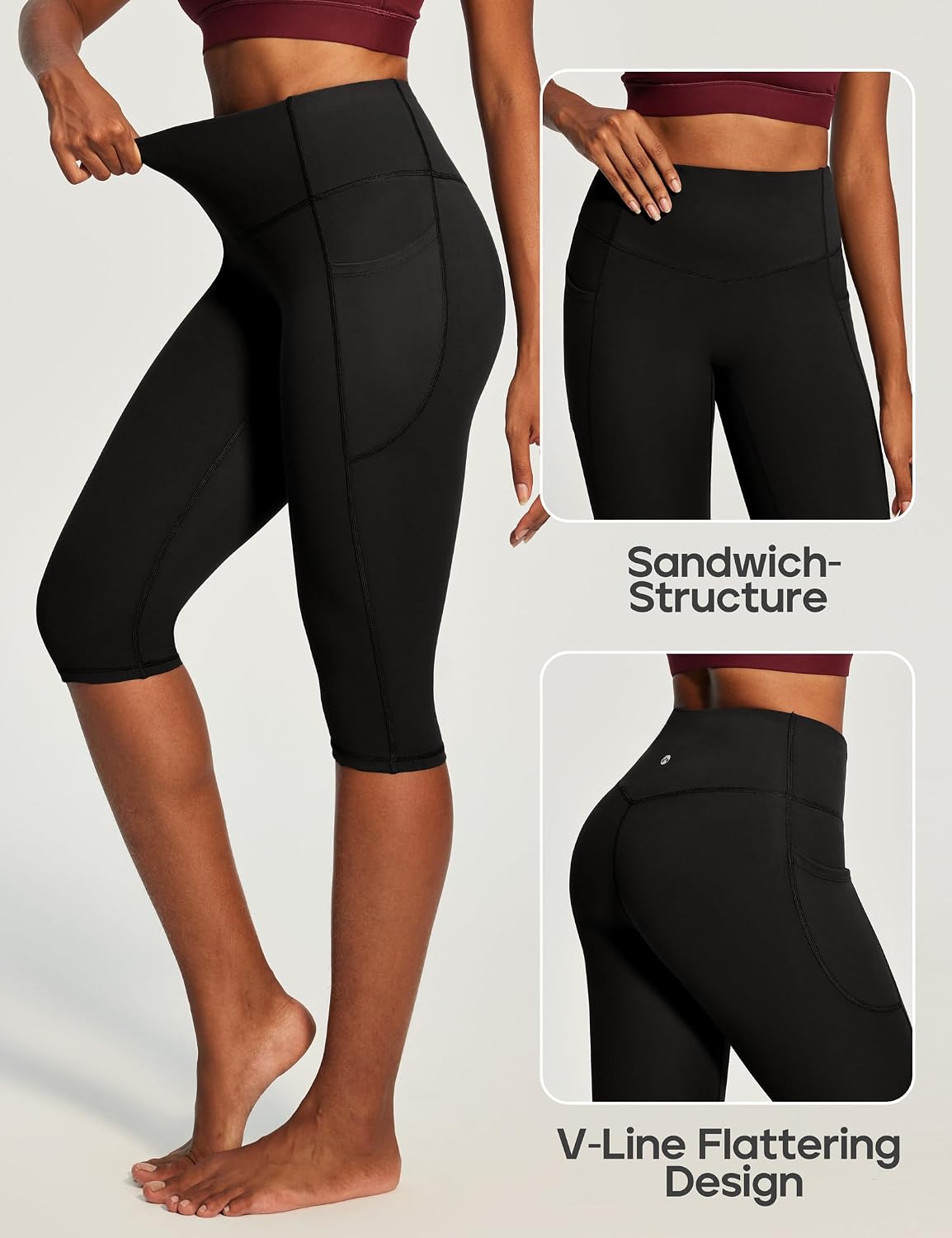 Detalle 2 de Heathyoga Capri Leggings with Pockets for Women (Tummy Control, Knee-Length)