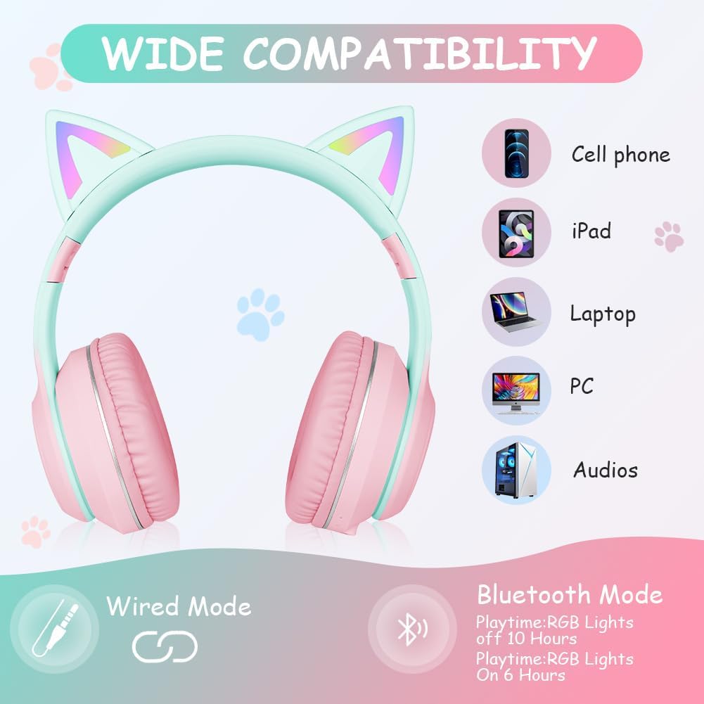 Detalle 2 de AXFEE Bluetooth-Kinder-Kopfhörer mit Katzenohren – kabelgebunden oder Bluetooth, 105 dB Schutz, LED-Beleuchtung, faltbar