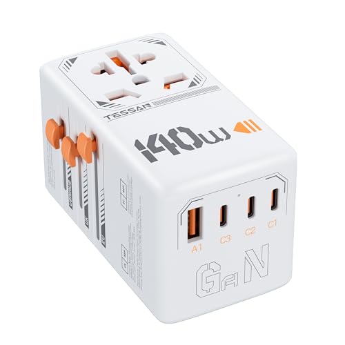 Detalle de TESSAN 140W GaN Adaptador de Viaje: Cargador USB-C 140W + USB-A 18W y toma universal 2500W