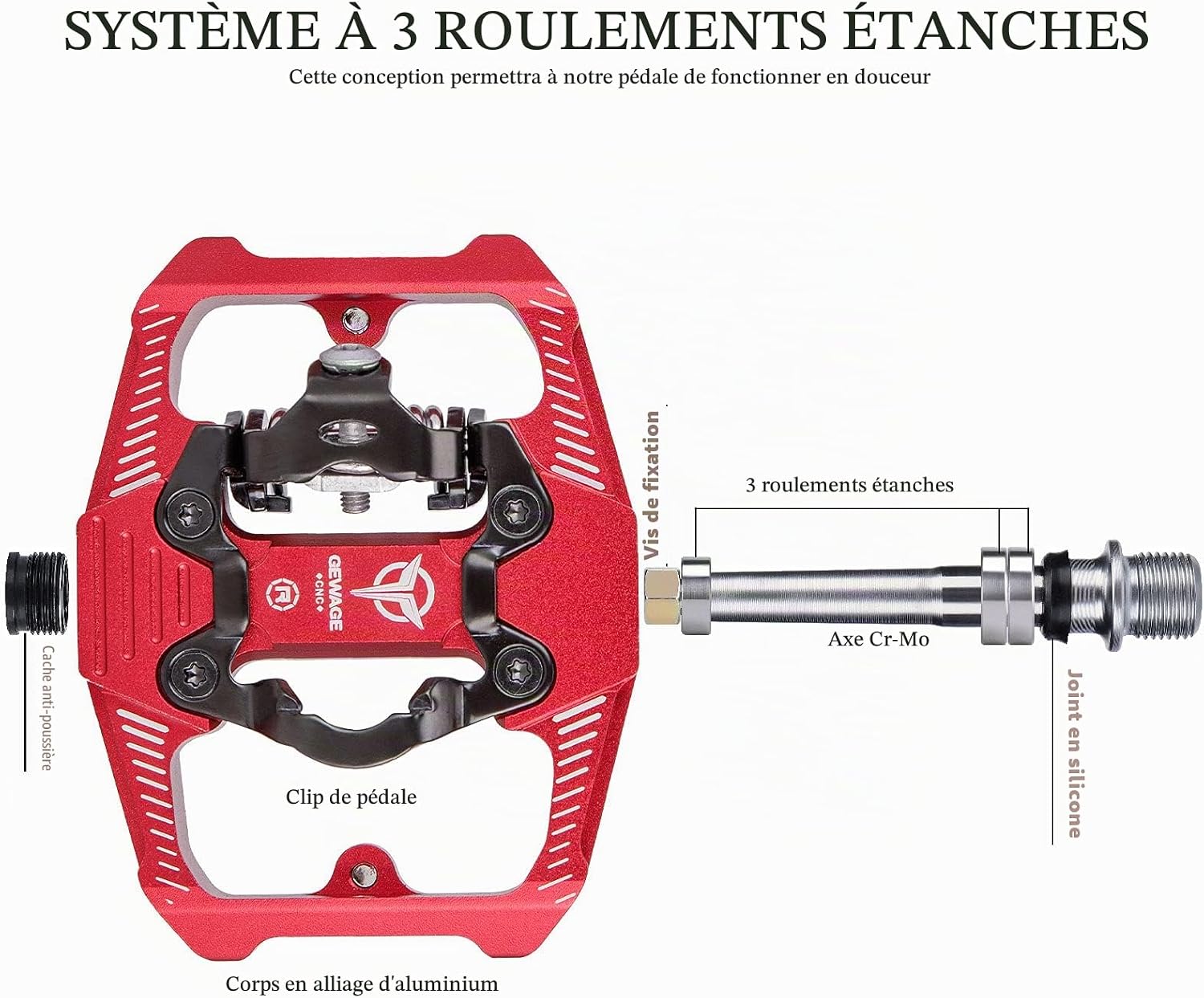 Detalle de GEWAGE 2-in-1 mountainbikepedalen, SPD-compatibel, CNC-aluminium, rood