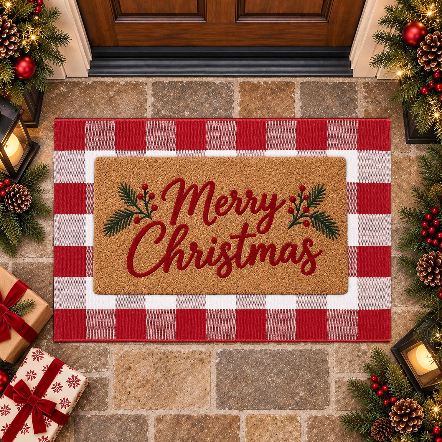 Detalle de Homydecor Red and White Plaid Doormat, 28 x 43 Inches, Reversible Flatweave