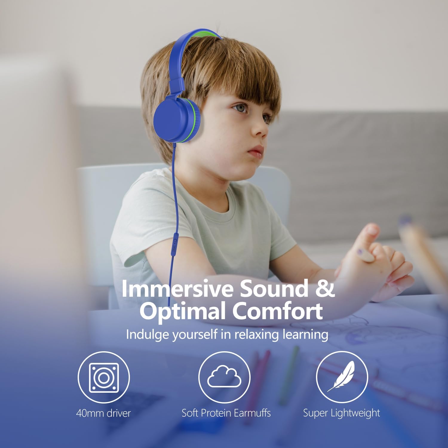 Detalle de YOYOTUNE Kids On-Ear Wired Headphones with Mic – 85/94 dB Volume Limiter, Foldable 3.5mm (Blue)