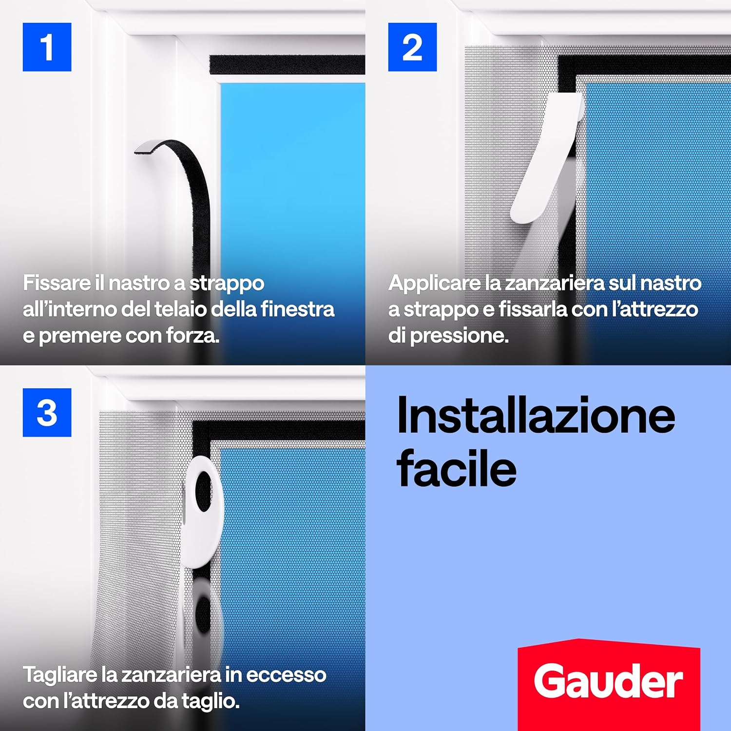 Detalle 2 de GAUDER Zanzariera per Finestra - Rete anti-insetti autoadesiva 130 x 150 cm, nero, chiusura a strappo