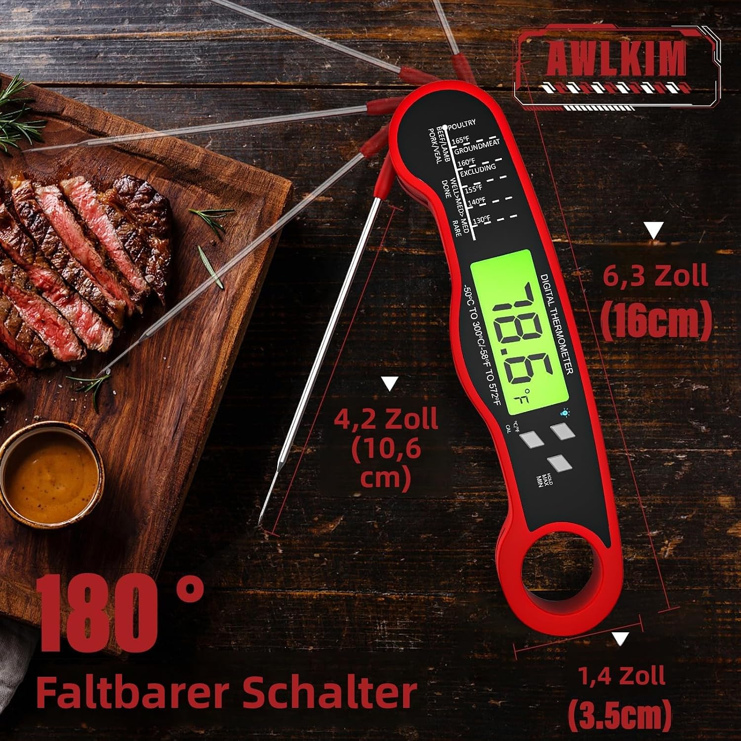 Detalle de AWLKIM digitale vleesthermometer met inklapbare sonde, LCD en magneet