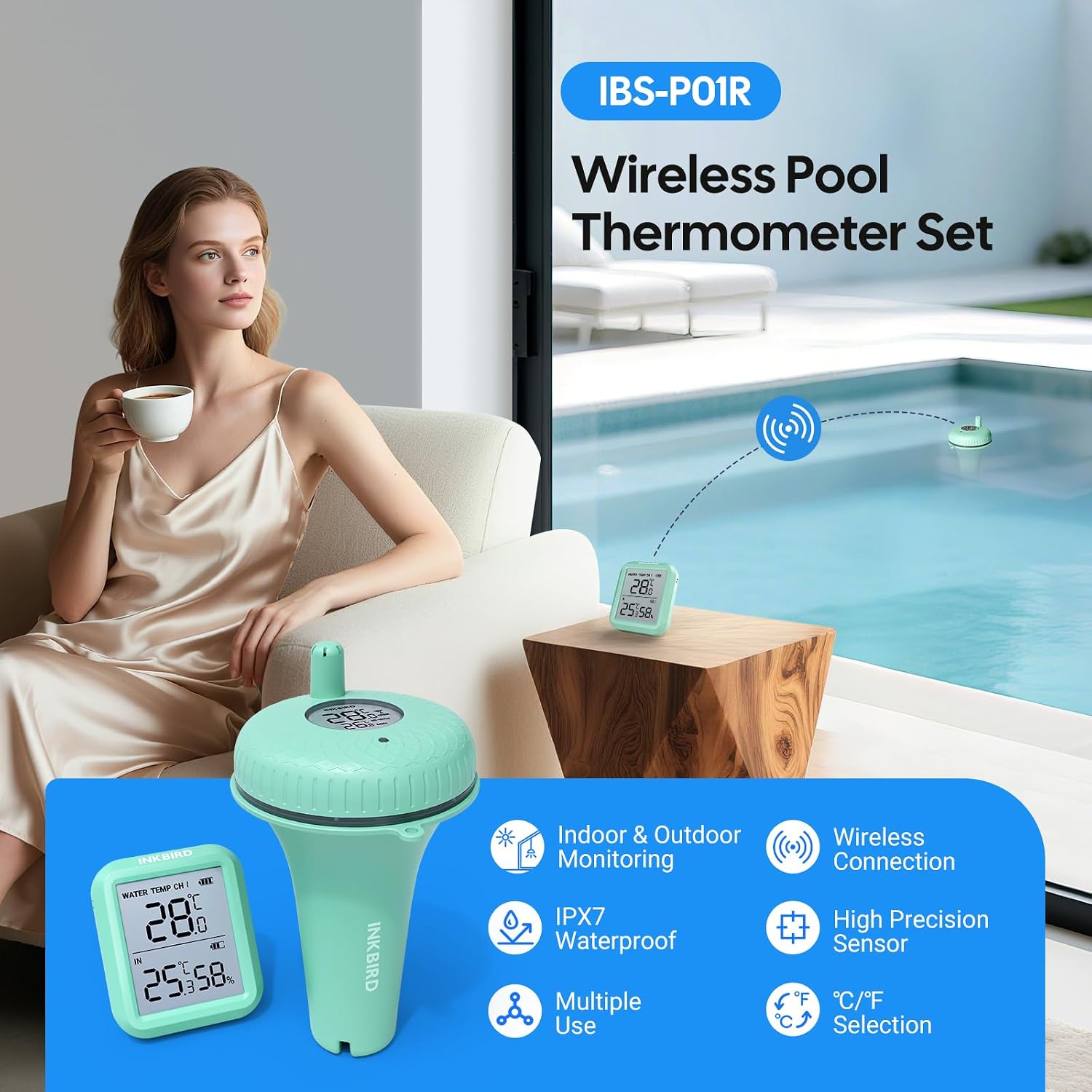 Detalle de Inkbird IBS-P01R trådlös pooltermometer med inomhusdisplay och max/min