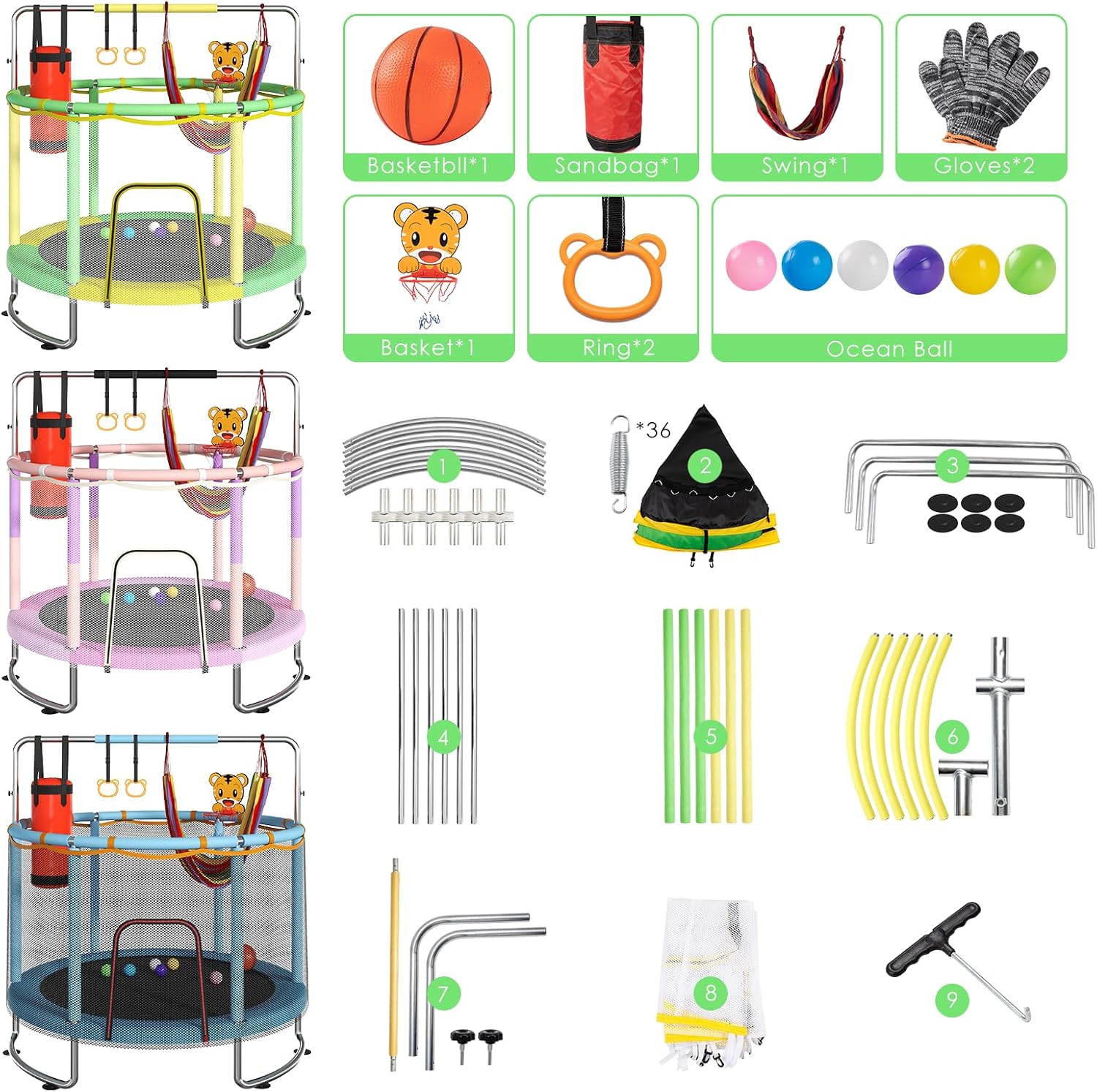 Thumbnail 6 de Trampoline for Kids: Upgrade Full Anti-Rust 440lbs Toddler Trampoline with Net and Adjustable Gymnastics Bar