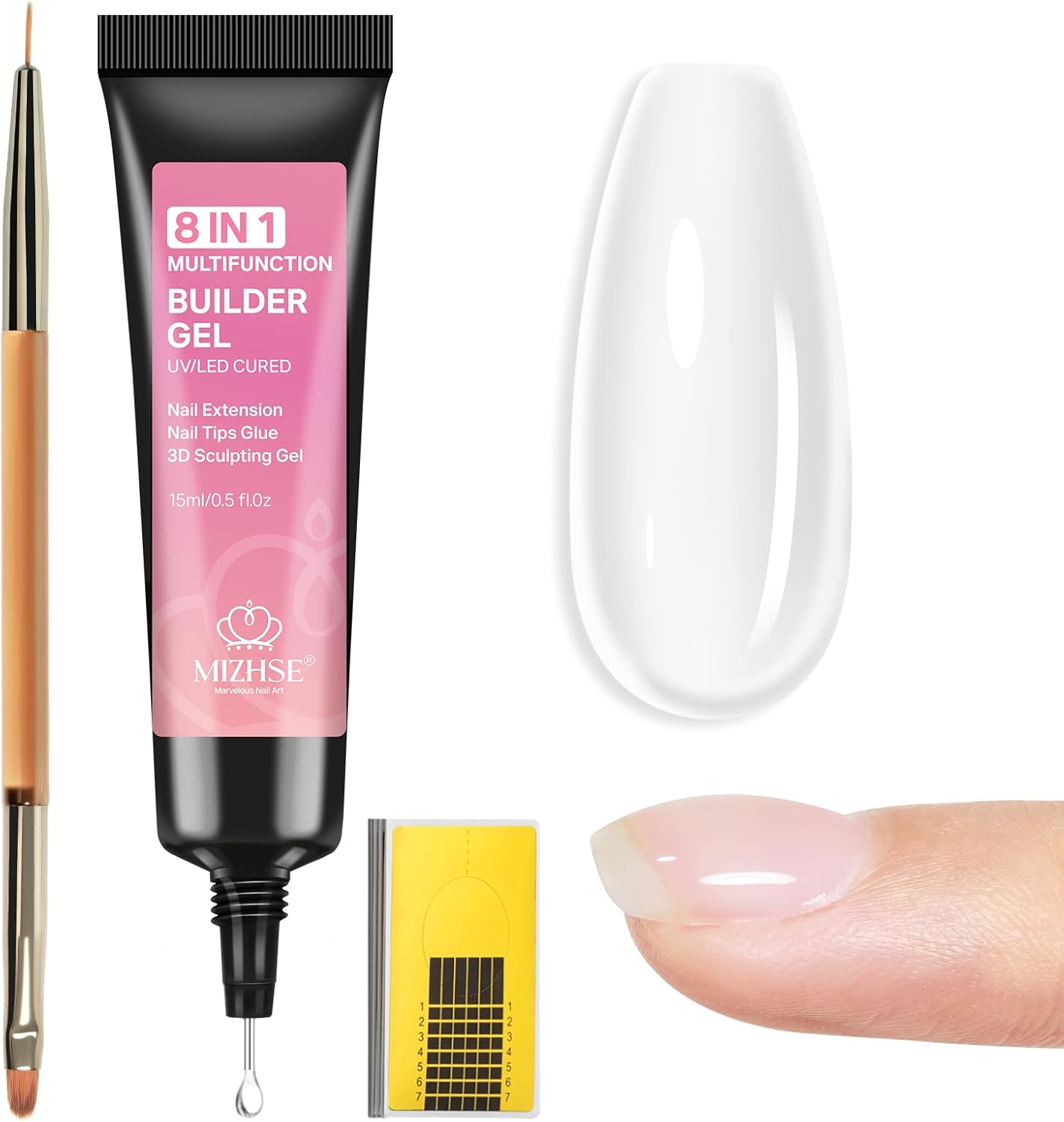 Detalle de Gel à Ongles Sculpture 3D MIZHSE – Kit 2 pièces (15 g) transparent, poudre chromée miroir et colle à strass