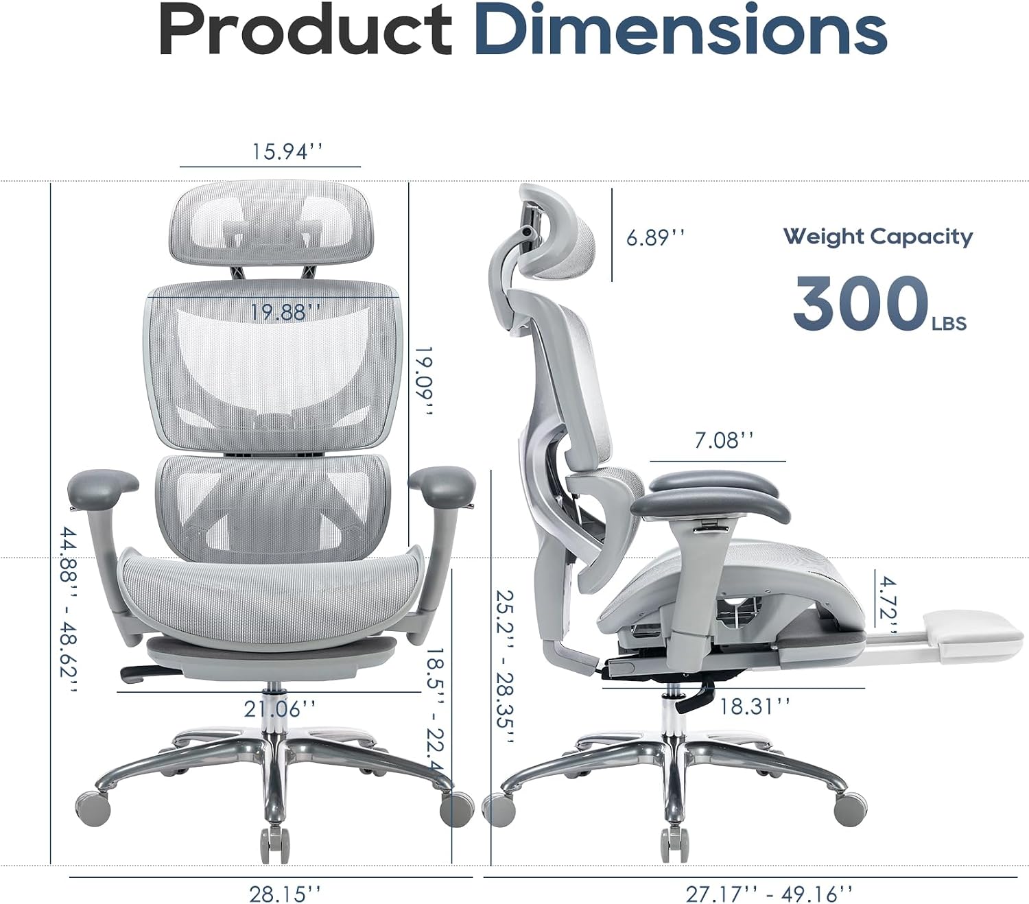 Detalle de COLAMY 5188-Grey Ergonomic Mesh Office Chair with Footrest and 3D Arms