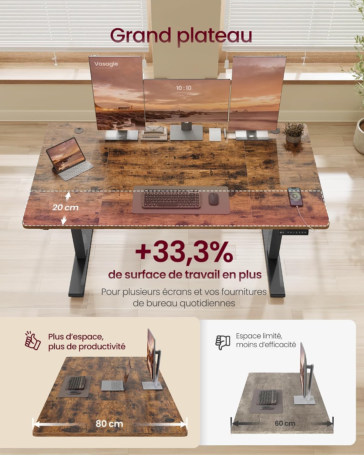 Detalle 2 de VASAGLE Bureau électrique réglable en hauteur 140 x 80 cm avec port USB-C (LSD144KD02) — marron rustique