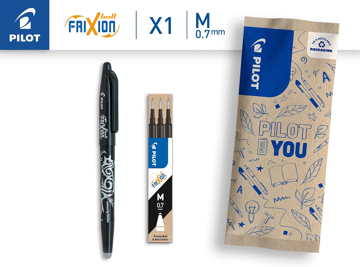 Thumbnail 1 de PILOT FriXion Ball Erasable Pen Set – Medium 0.7mm, 1 Black Pen + 3 Refills
