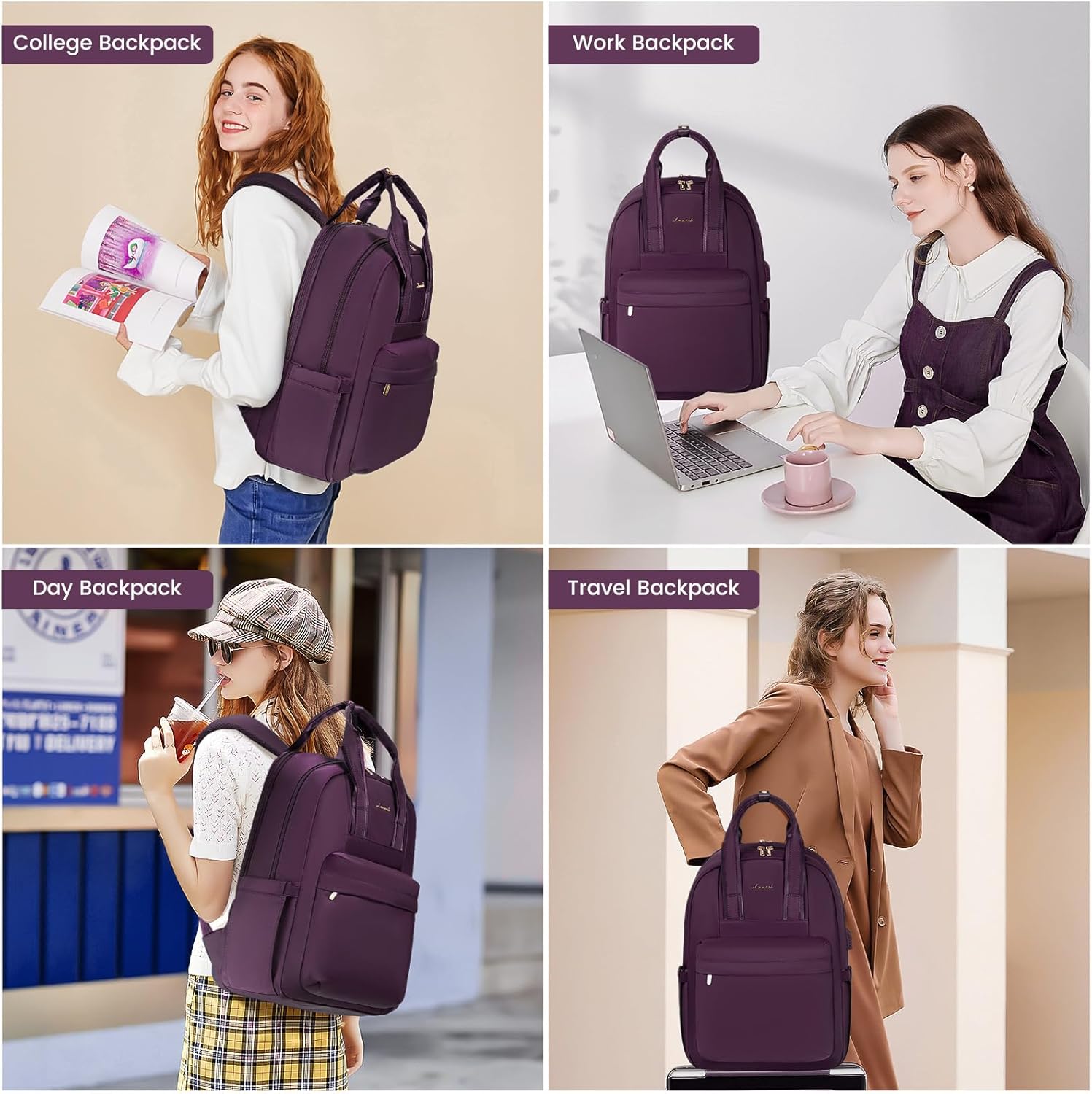 Thumbnail 5 de LOVEVOOK Laptop Rucksack Damen 15,6 Zoll – Wasserdicht, USB-Ladeanschluss, Reiserucksack, Dunkelviolett