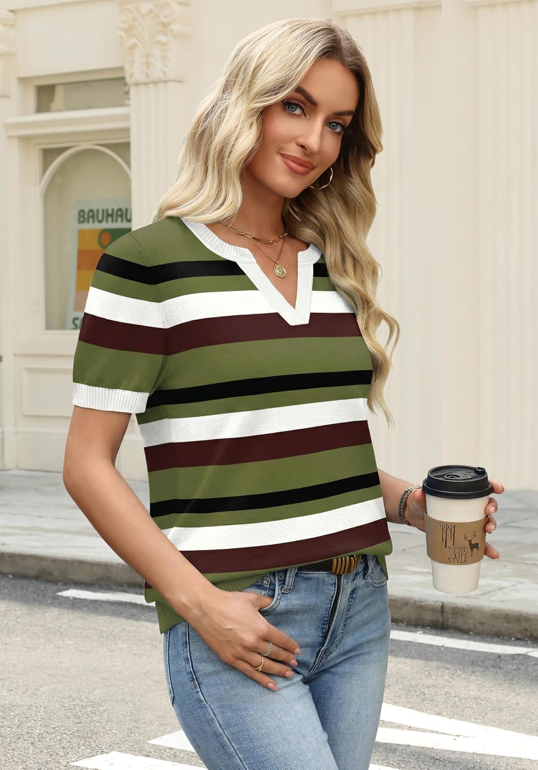 Thumbnail 3 de WIHOLL Short Sleeve Sweater Tops: 2026 Spring/Summer V-Neck Knit for Business Casual