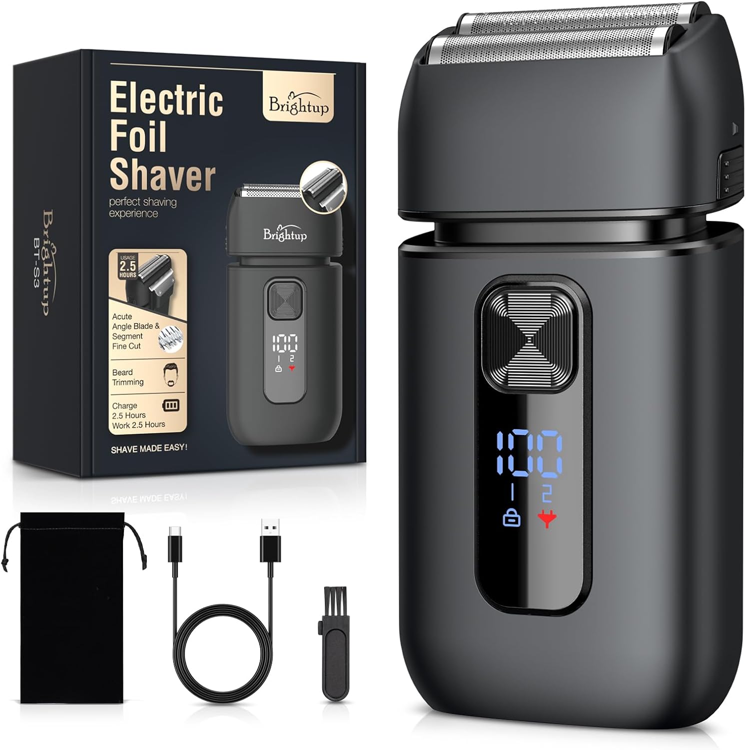 Detalle de Brightup Electric Foil Shaver for Men with Pop-Up Trimmer, Wet/Dry Design, Travel Lock, and LED Display