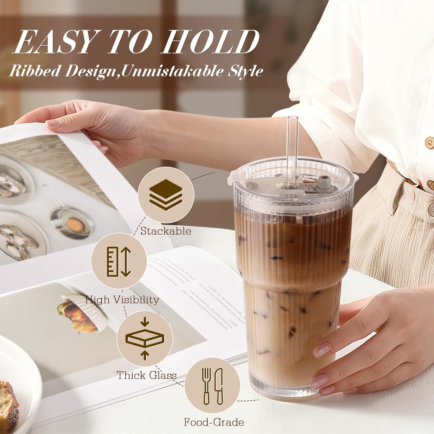 Detalle de Ribbed Glass Iced Coffee Cups with Lids, Straw & Leak-Proof Design (Set of 4) – 20oz Tumblers