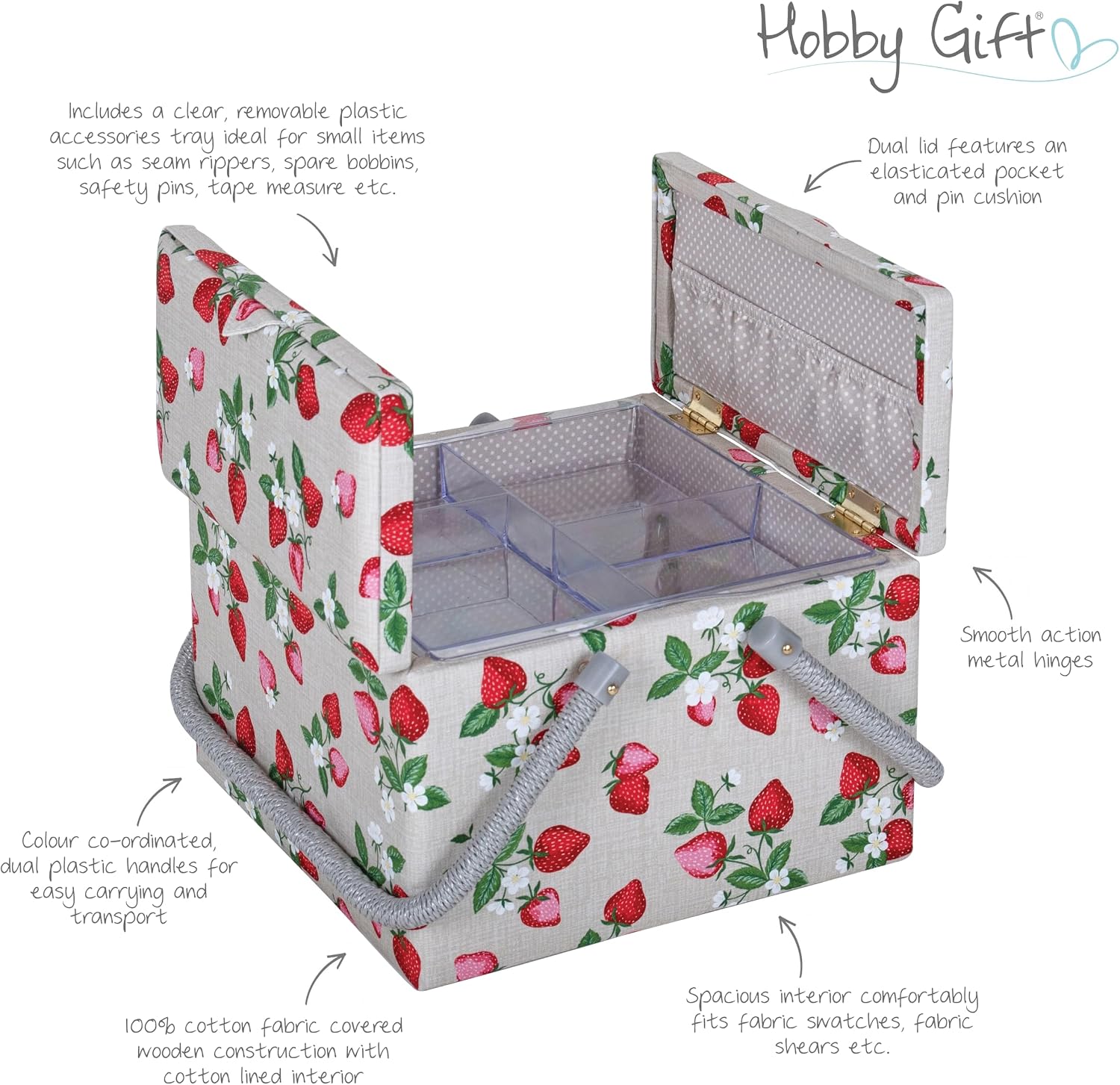 Detalle de Hobby Gift duże pudełko na przybory do szycia, tacka i wzór truskawek