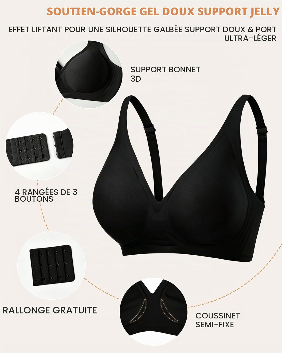 Detalle de Bresdk Jelly Bra naadloze beha zonder beugel, gevoerd en zwart