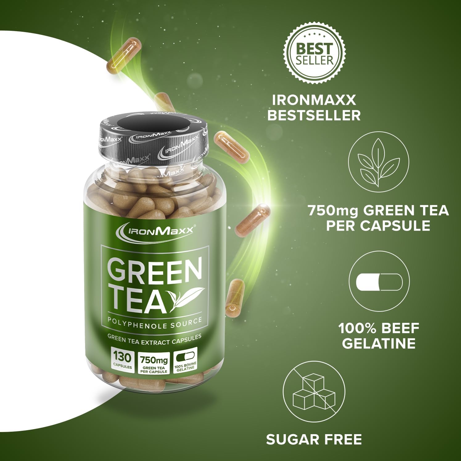 Detalle 2 de IronMaxx Té Verde Extracto, 130 Cápsulas