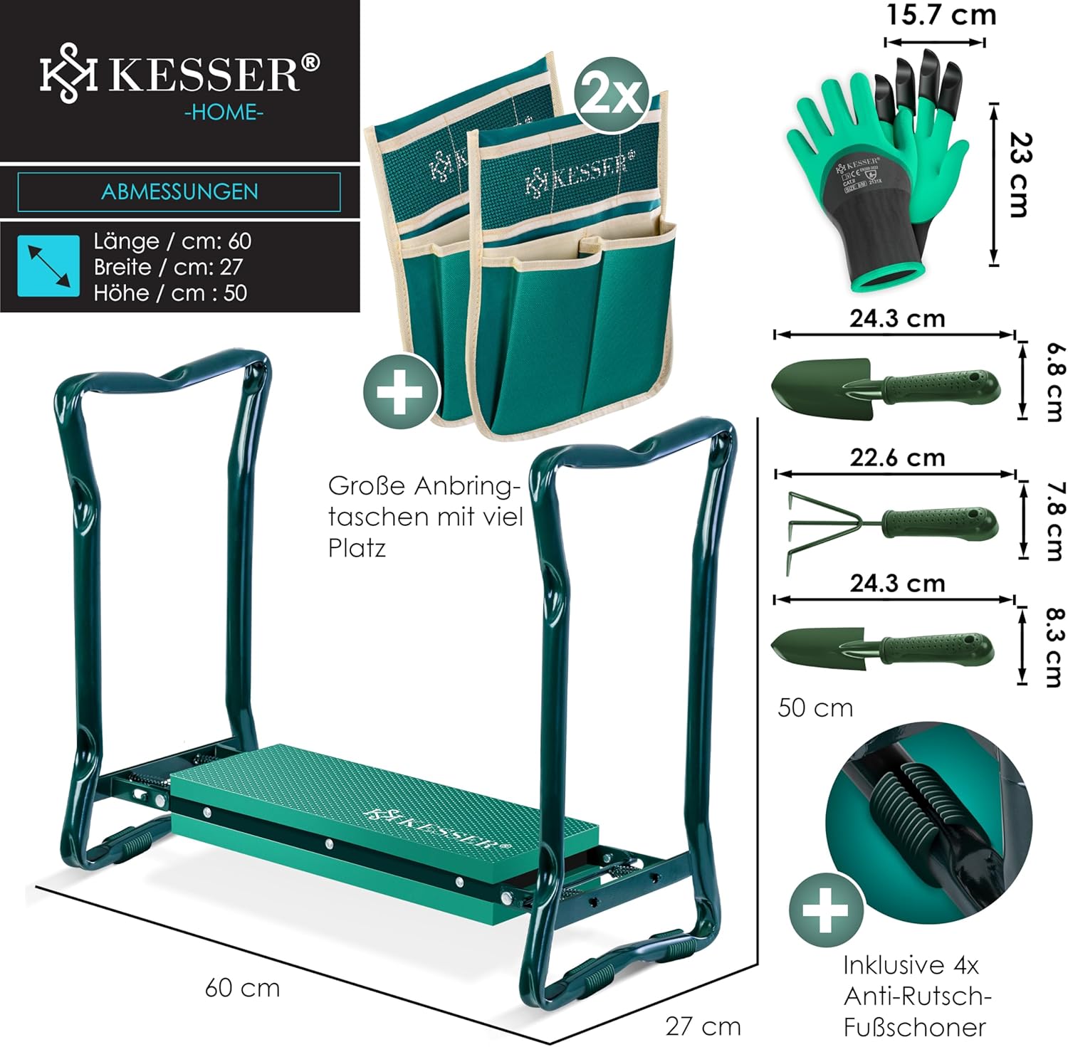 Detalle de KESSER® 2-in-1 XXL Kniebank für Gartenarbeit (klappbar) mit Werkzeugtaschen und Handschuhen