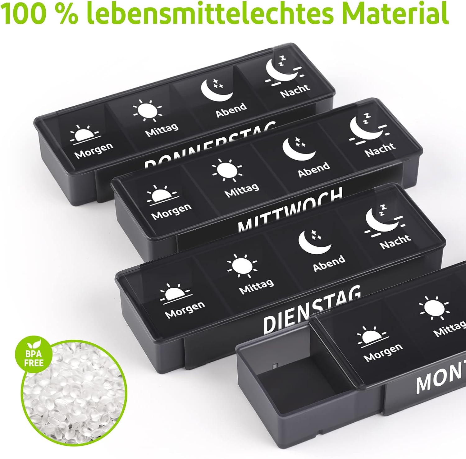 Detalle de Opret Tablettenbox 7 Tage Morgens Mittags Abends Nachts – Vier Fächer, schiebbares Design, BPA-frei