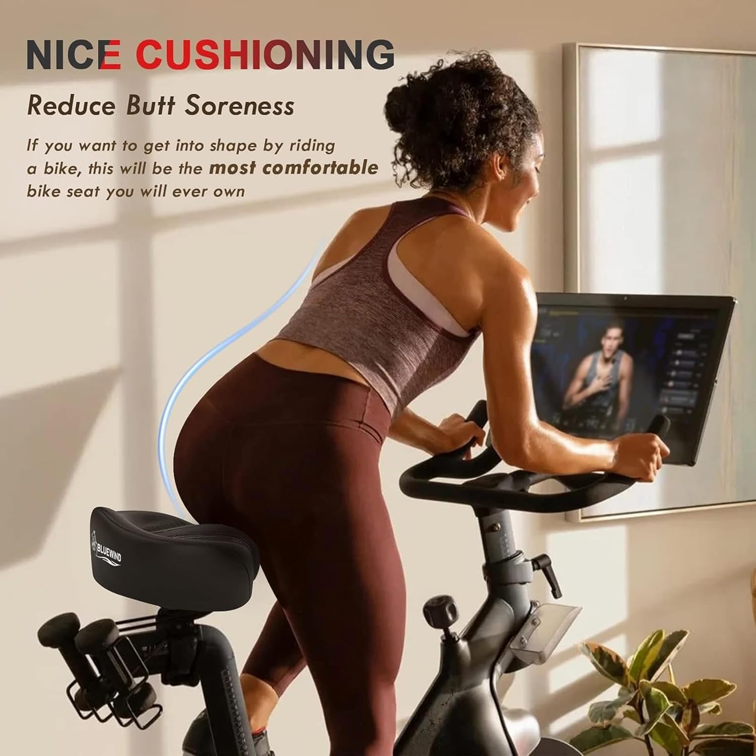 Detalle 2 de BLUEWIND Noseless Oversized Bike Seat (Wide, 13" cushion) for Electric Bikes, Stationary Bikes & Exercise Seats
