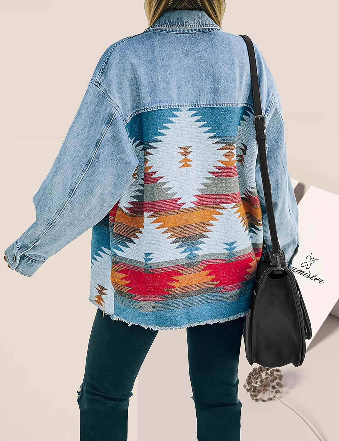Detalle de Lumister Women’s Aztec Denim Jacket (Distressed Lapel, Long Sleeve Button-Down Shacket)