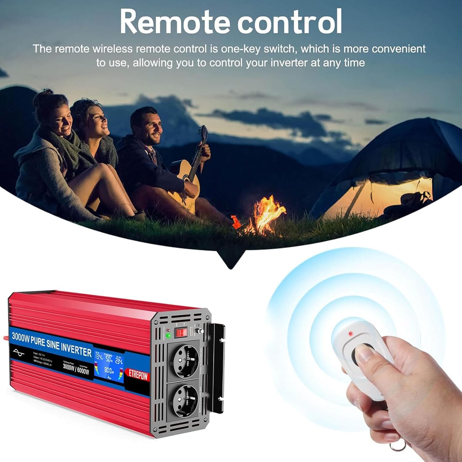 Detalle de ETREPOW Inverter 3000W 12V → 220V Onda Pura con display LCD e telecomando, 2 prese UE + USB – ideale per camper e barca