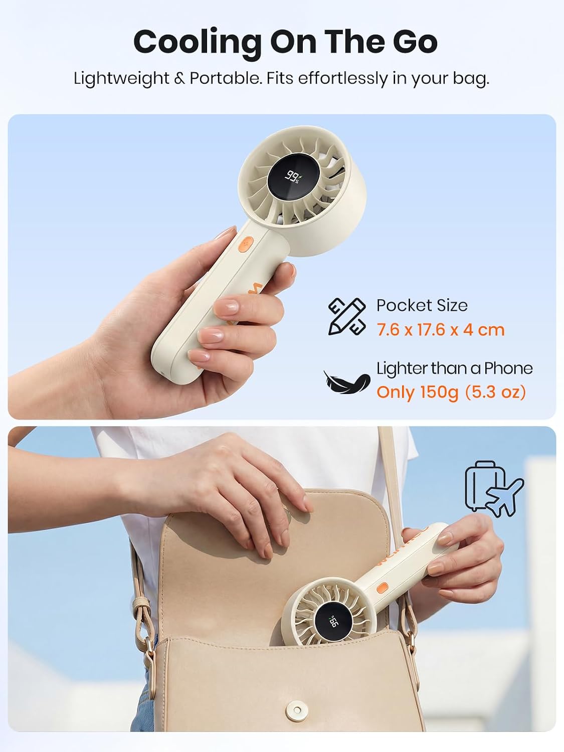 Thumbnail 5 de Warmco Portable Handheld Turbo Fan 5000mAh – 4-Speed Mini Fan with Base & Lanyard, USB Rechargeable, White
