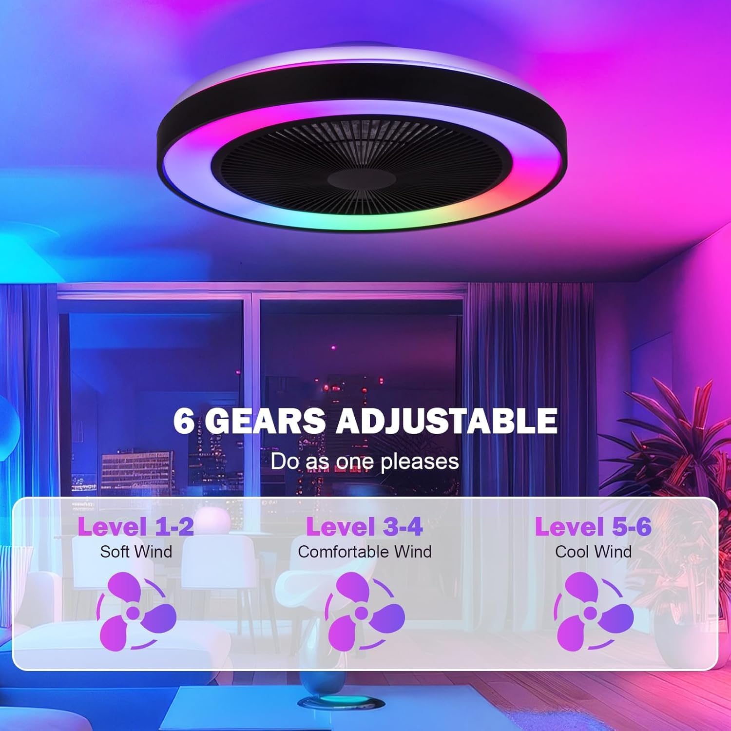 Thumbnail 1 de EKDADL Ventilateur de plafond RGB avec lumière intégrée et télécommande – silencieux, 3 vitesses
