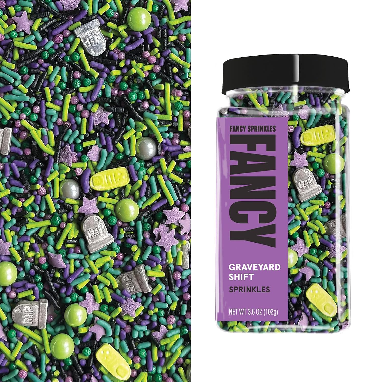Detalle de Fancy Sprinkles Graveyard Shift Halloween Sprinkles, Crunchy Green, Purple and Black Mix