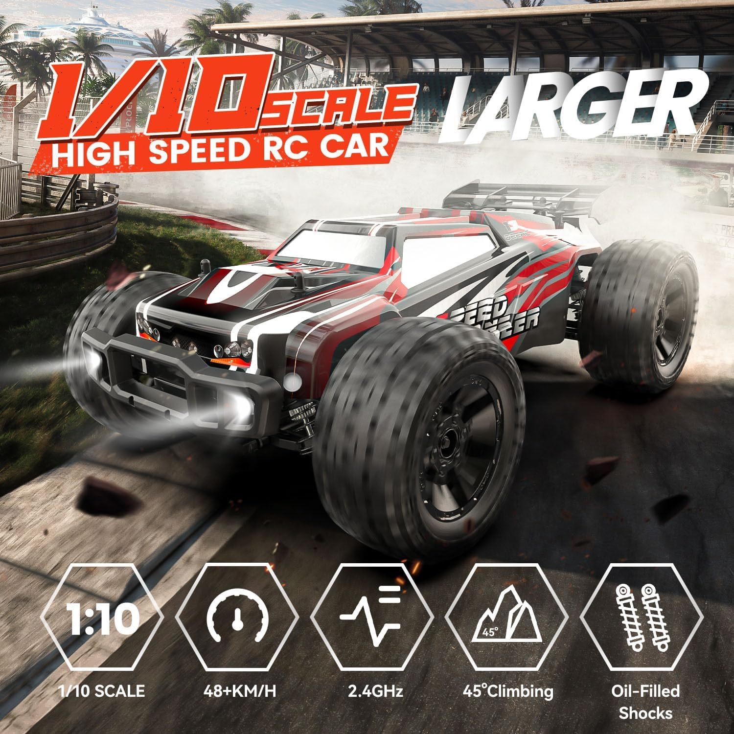Detalle de DEERC 9206E 1:10 RC Truck, 4WD, 48+ km/h, DIY Shell and LED Headlights
