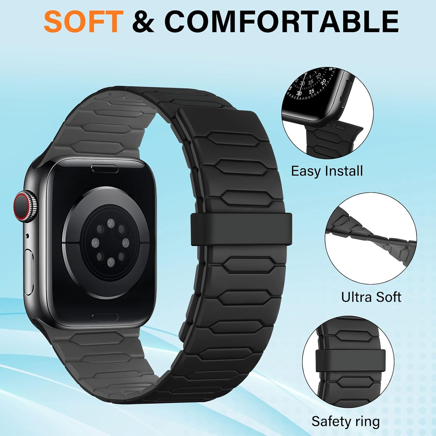 Detalle de Sixmoat Magnetic Band for Apple Watch (42mm/41mm/40mm/38mm) — Black-Gray silicone sport strap